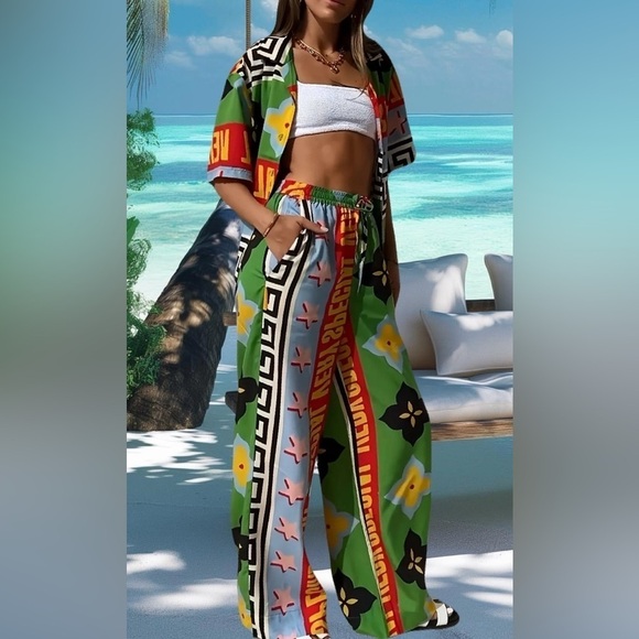Vacay Geo Print Two Piece Set Long Wide Leg High Waist Pants Loose Fit Shirt - Picture 1 of 11